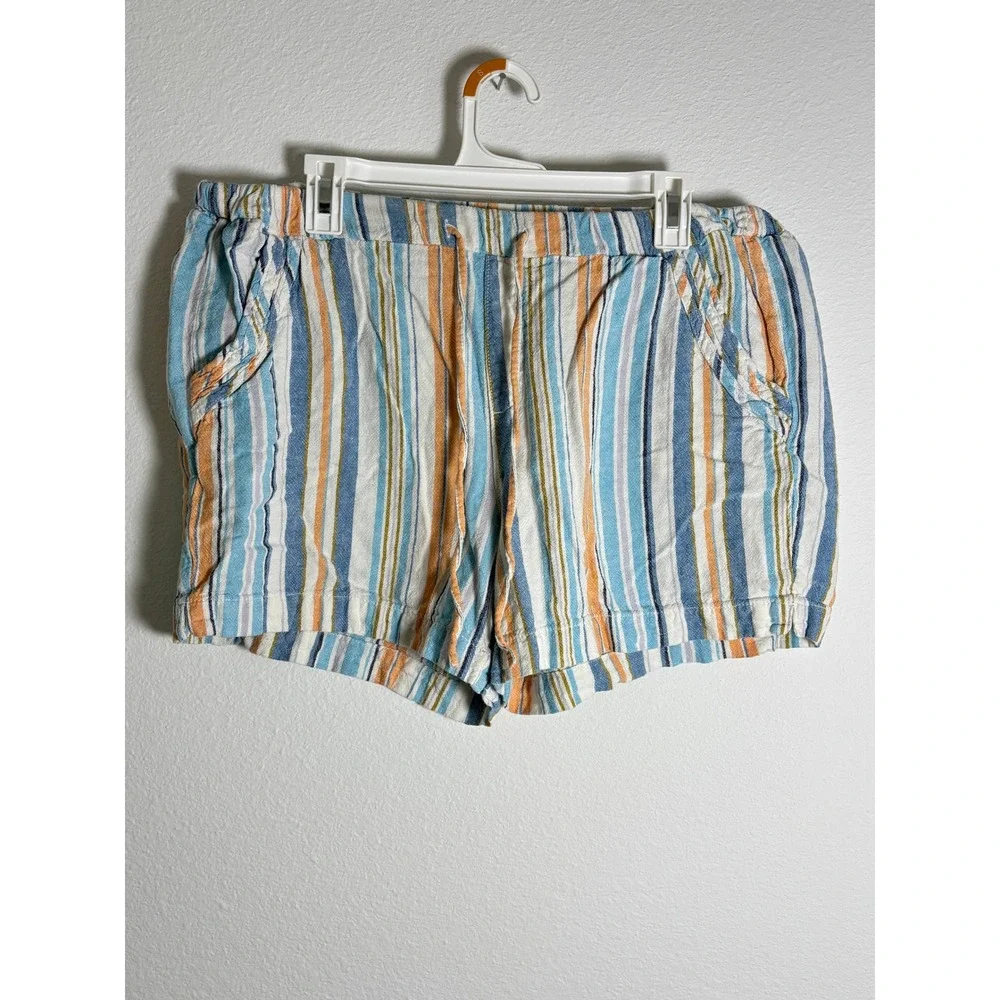 Briggs Womens‎ XL Striped Linen Blend Drawstring Shorts Blue Orange White Casual